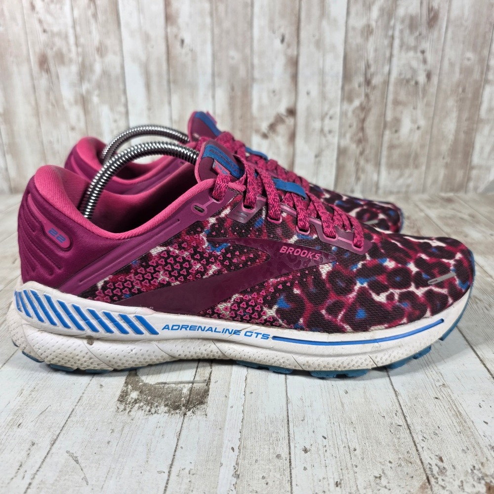 Brooks Adrenaline GTS 22 Womens 11.5 Pink Blue Leopard Running Shoes 1203531B568